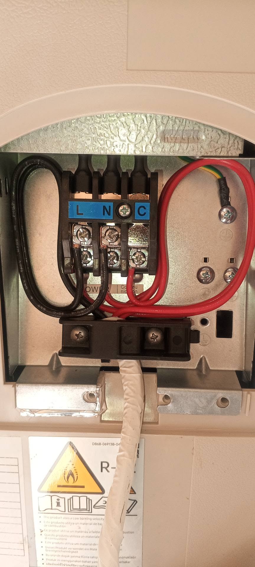 Line, neutral and control terminals wired into an air conditioner's terminal block